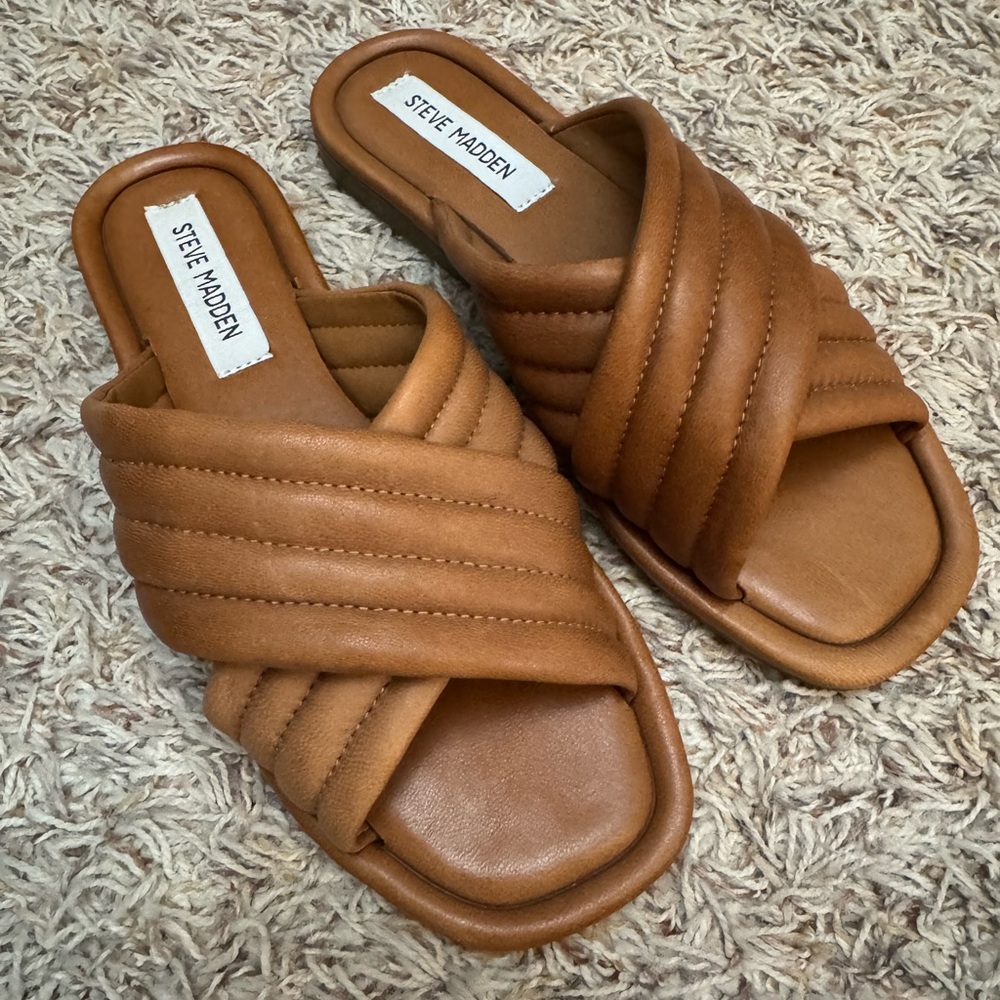 Steve Madden Tan Quilted Slide Sandals